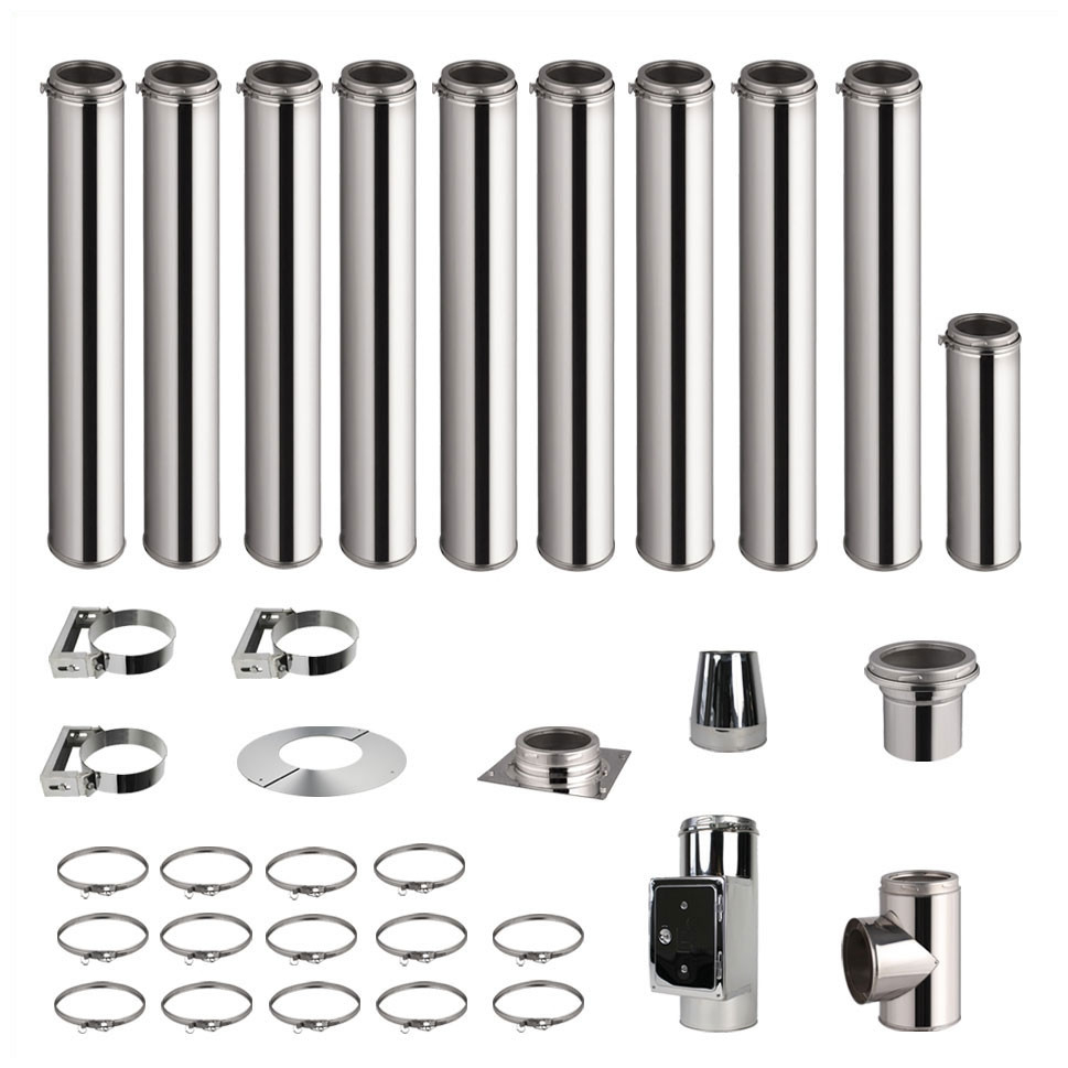 Kit conduit de cheminée 9 tuyaux double paroi isolés 100cm + 1 tuyau 50cm - Ø 130-150-180-200mm