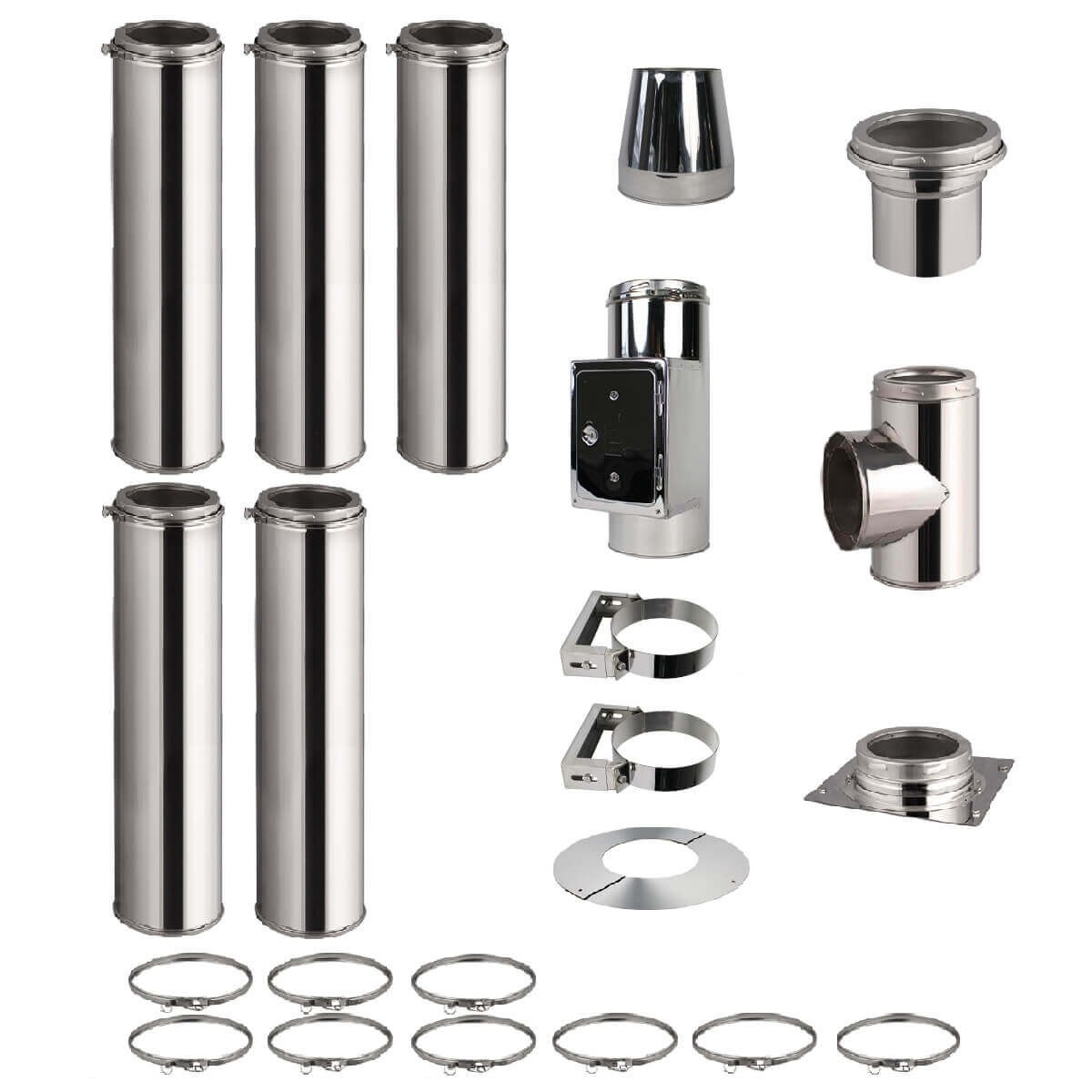 Kit conduit de cheminée 5 tuyaux double paroi isolés 100cm - Ø 130-150-180-200mm 